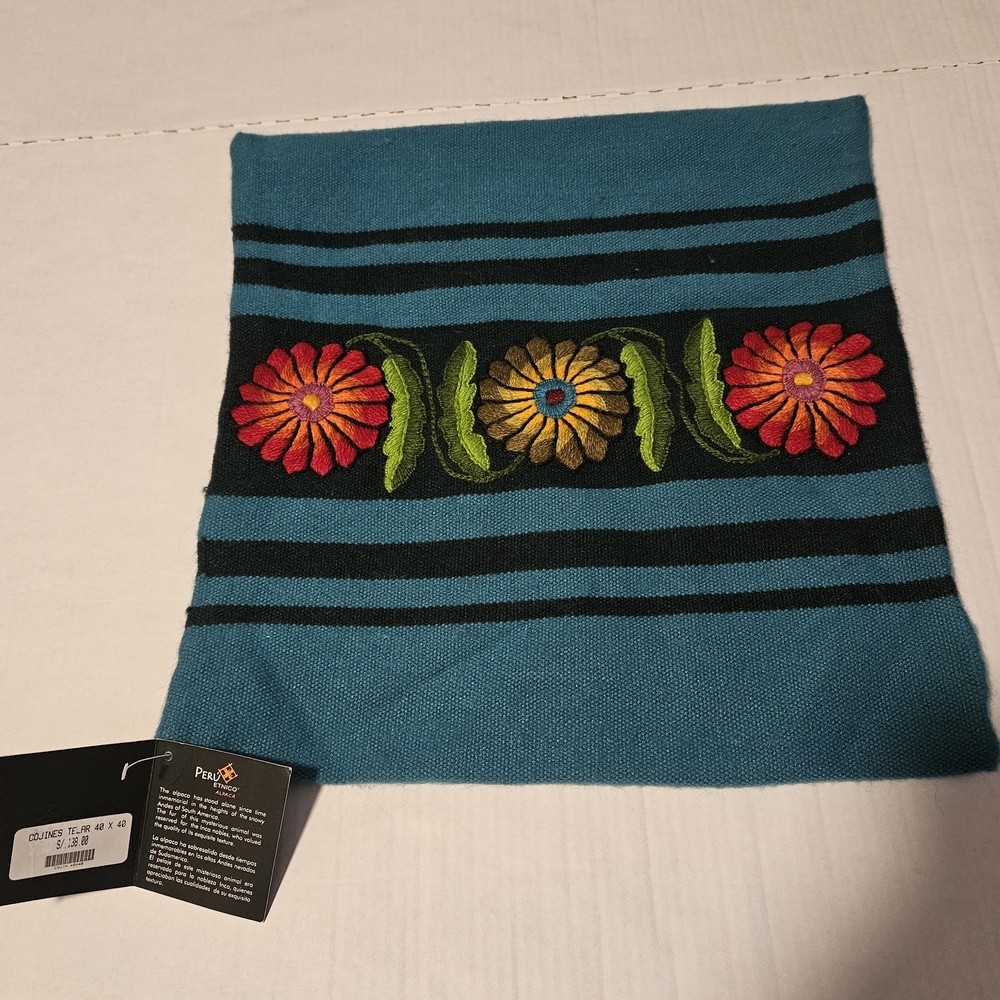 NWT Peru Alpaca Embroidered Teal Pillow Cover Flowers And Stripes 16x16